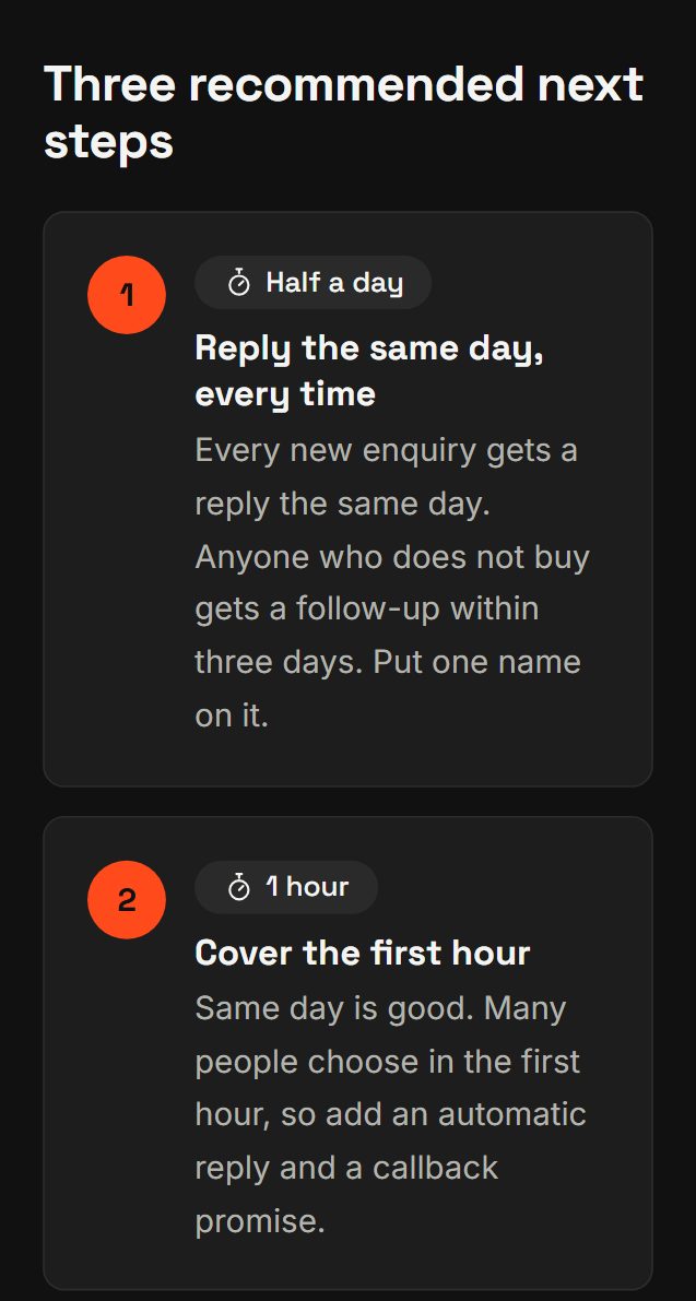 Example results page: a score, four area bars, and three recommended next steps with effort tags