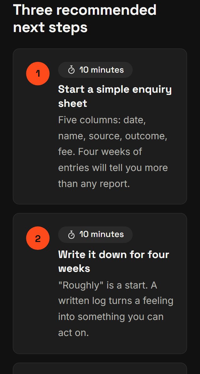 Example results page: a score, four area bars, and three recommended next steps with effort tags