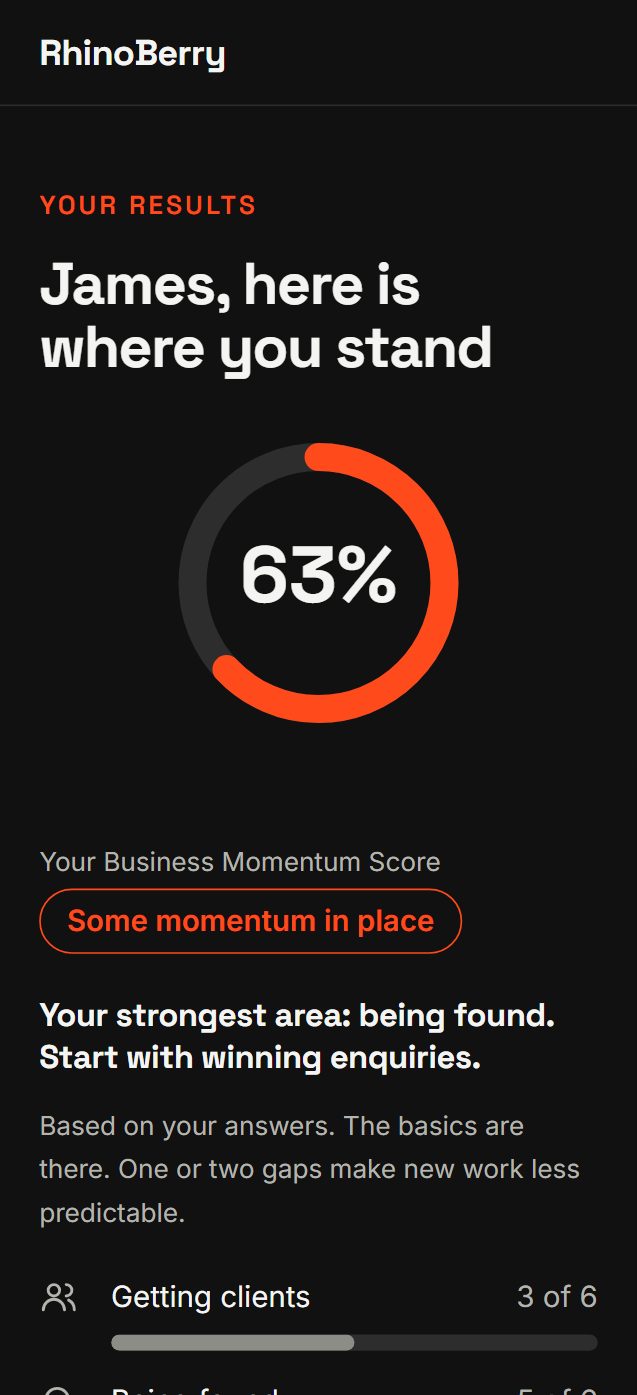 An example results page: a 63 percent score, four area bars and three things to try